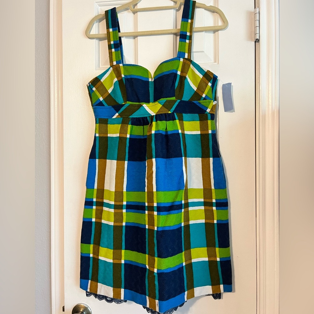 Trina Turk Blue and Green Plaid Dress